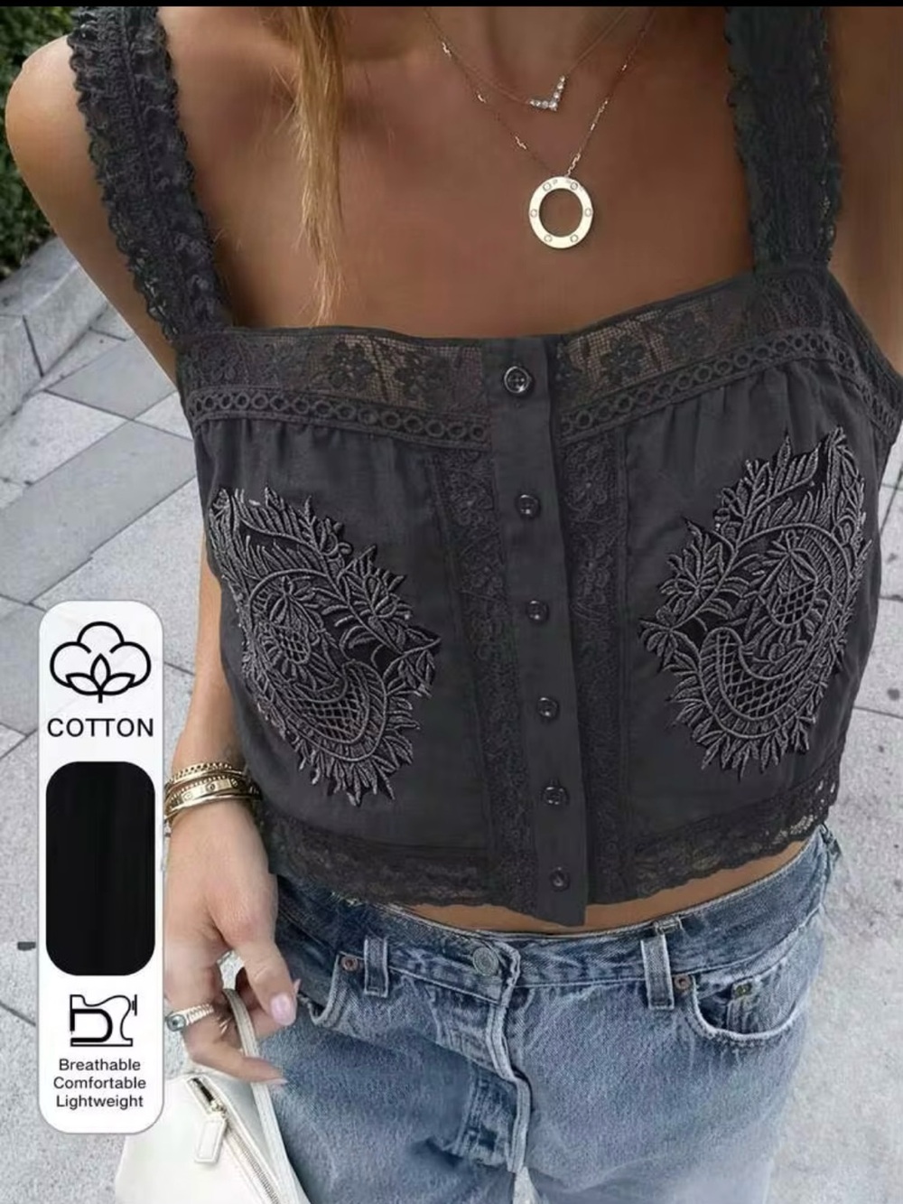 Black Lace-Trim Embroidered Cotton Crop Top
